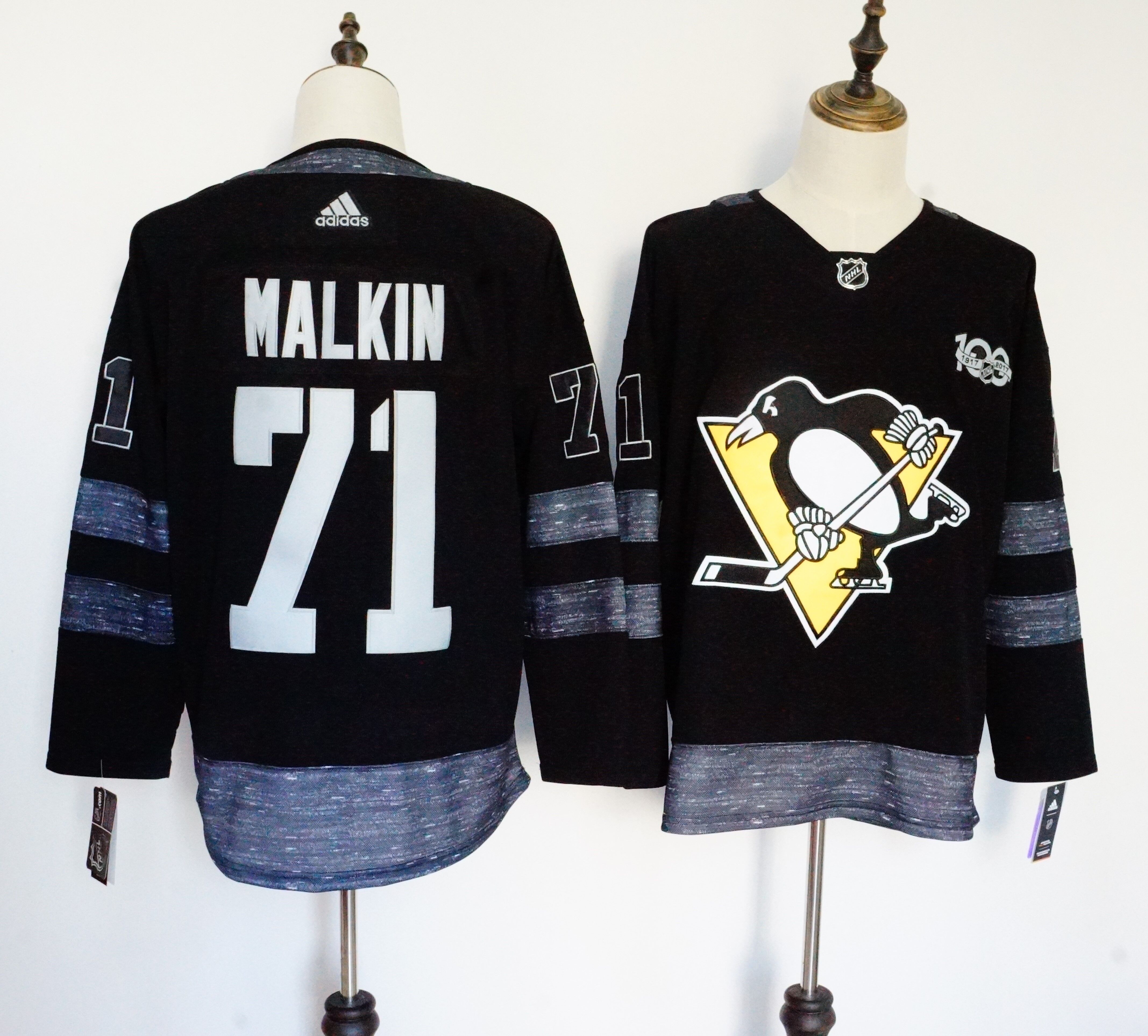 Men Pittsburgh Penguins 71 Malkin Black 100th Anniversary Stitched Adidas NHL Jerseys